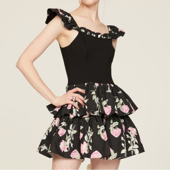LoveShackFancy Dresses & Skirts - 🩷LOVESHACKFANCY DRESS TIERED RUFFLE BLACK PINK ROSE PRINT STRETCH 10🩷
